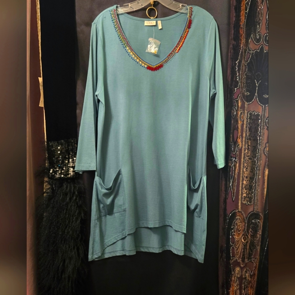 LOGO by Lori Goldstein Red and Green Embellished Long Sleeve Tunic